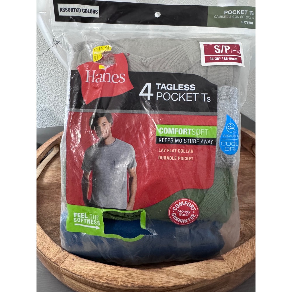 Hanes Mens 4 Pack Tagless Pocket T-Shirts Small Assorted Colors  New